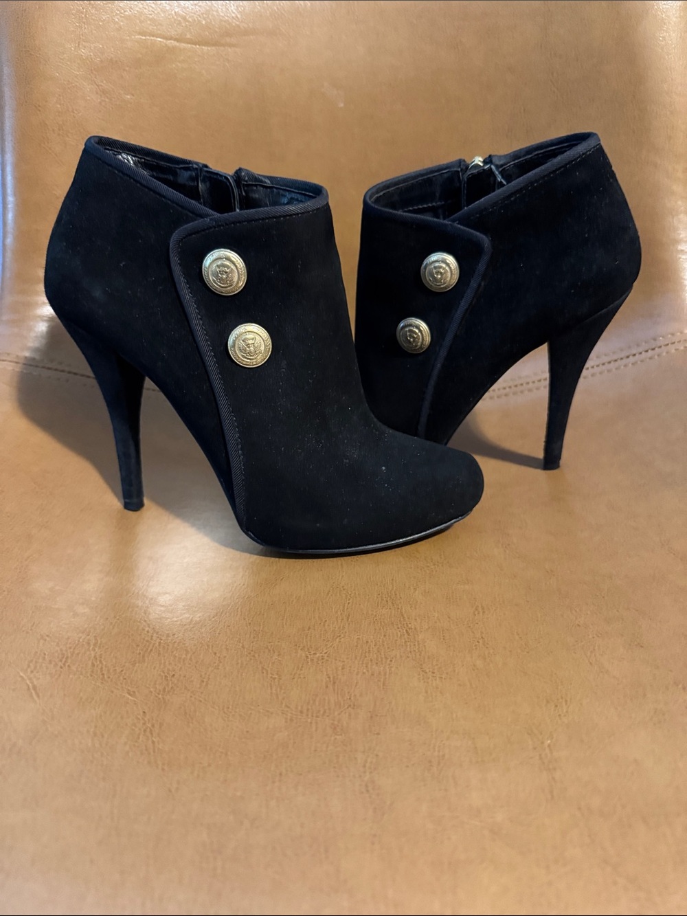 Guess Black Suede High-Heel Ankle Booties with Gold Button Accents